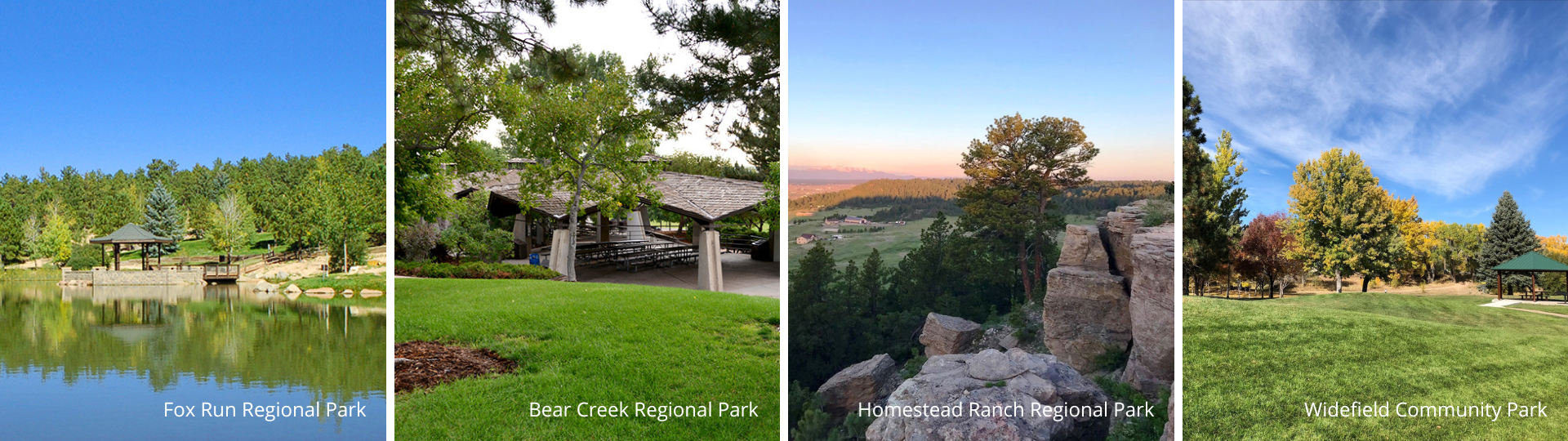 an image of four pictures of four different El Paso County Parks. From Left to right: Fox Run Regional Park, Bear Creek Regional Park, Homestead Ranch Regional Park, and Widefield Community Park